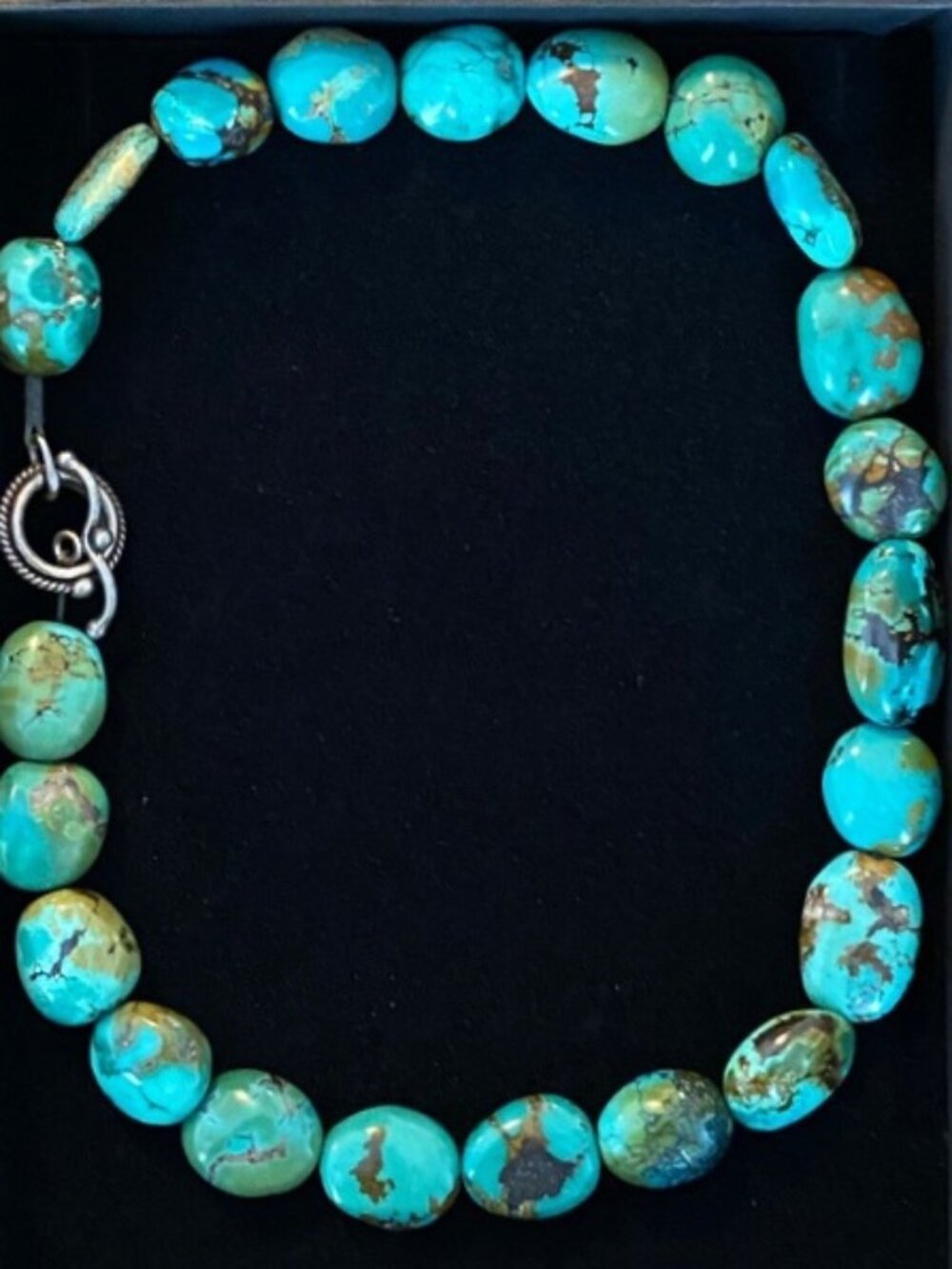 Genuine Turquoise Green Blue Beaded Necklace 925 Sterling Silver Toggle Clasp